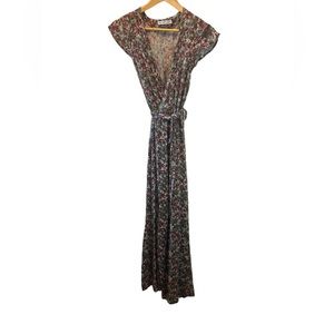 Floral Print Short Sleeve Wrap Lightweight Deep V Long Maxi Dress S